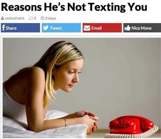 Article "Reasons He's Not Texting You" image of a woman waiting by a landline phone.