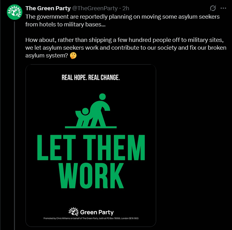 Screenshot of a post by the Green Party 
"The government are reportedly planning on oving some asylum seekers from hotels to military bases ...
How about, rather than shipping a few hundred people off to military bases, we let asylum seekers work and contribute to our society and fix our broken asylum system?