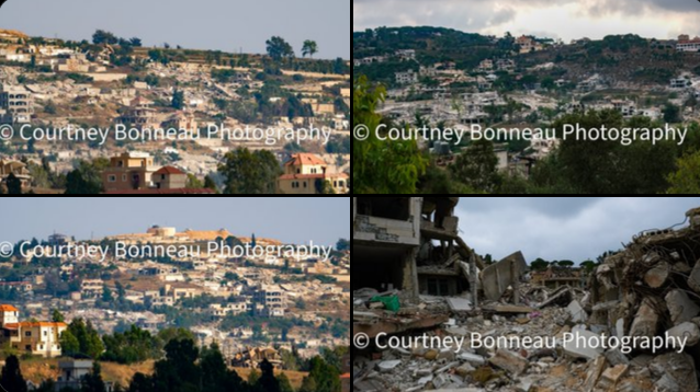 Four images showing two Lebanese villages before Israeli airstrikes, and after, reduced to rubble.