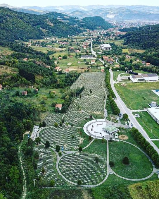 Aerial image of the graveyard where the 8,372 Muslim men and boys, victims of the Srebrenica genocide, are buried.