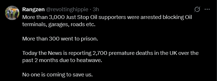 More than 3,000 Just Stop Oil supporters were arrested blocking Oil terminals, garages, roads etc.

More than 300 went to prison.

Today the News is reporting 2,700 premature deaths in the UK over the past 2 months due to heatwave.

No one is coming to save us.