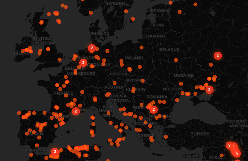 Map showing hundreds of wildfires burning across Europe and north Africa.